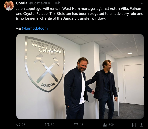 Jak donosi KUMB, Julen Lopetegui dostanie jeszcze 4 mecze jako trener West Hamu